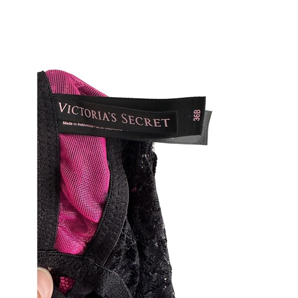 VICTORIA'S SECRET Black Pink Lace Babydoll Teddy Lingerie 36B Garter One Piece A - Picture 5 of 6